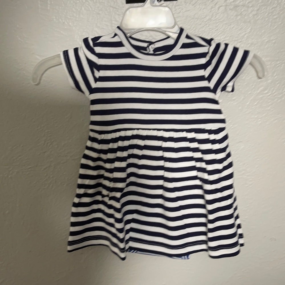 Navy and white striped dress with built in shorts.